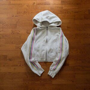 Abercrombie Full Zip Sweatshirt Soft Cropped Hoodie Rainbow Ribbon Gray Ivory  M
